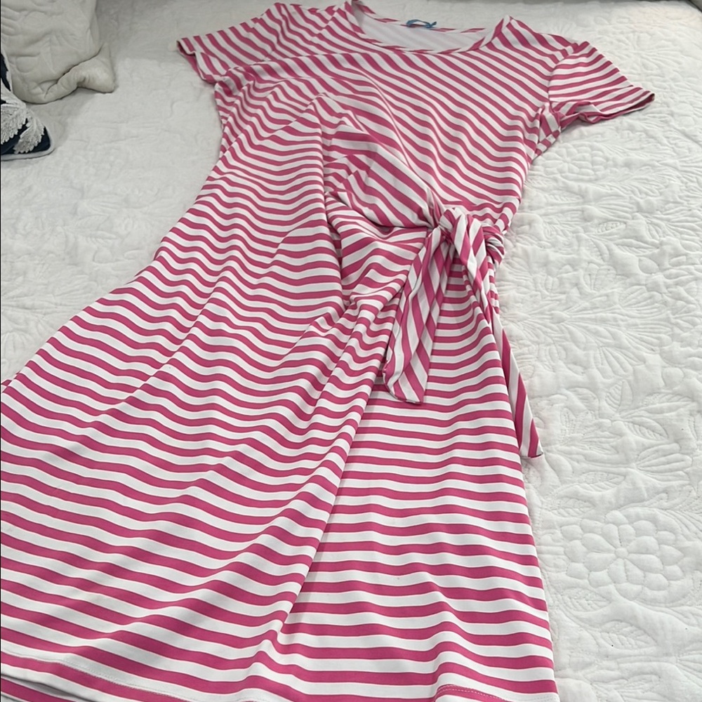 J. McLaughlin Pink and White Flutter Sleeve Midi Sundress